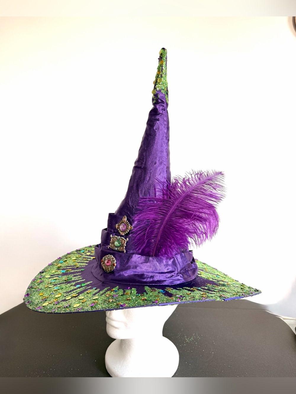 Purple satin witch hat with jewels, ostrich feathers and sparkles OS